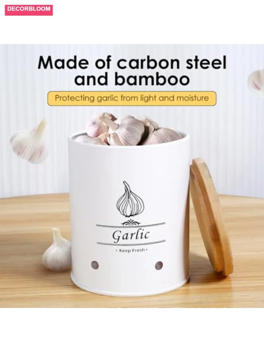 Large Ceramic Garlic Keeper with Wood Lid, Ventilated Garlic Storage Box, 2.3L